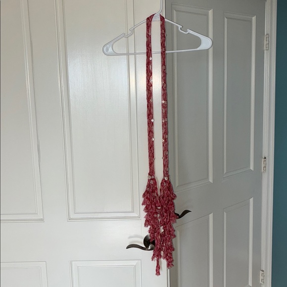 NWT Chan Luu Fringe Skinny Pink Floral Beaded Button Scarf - Picture 3 of 7